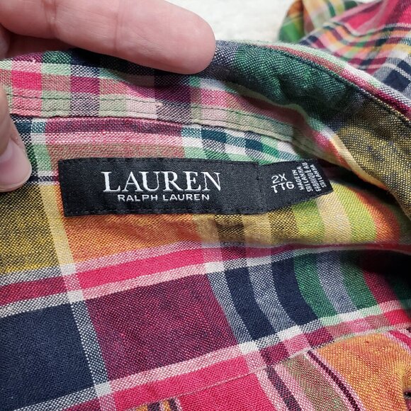 Lauren Ralph Lauren Multicolor Plaid Linen Button‎ Up Casual Plus Size Blouse 2x - Picture 8 of 11